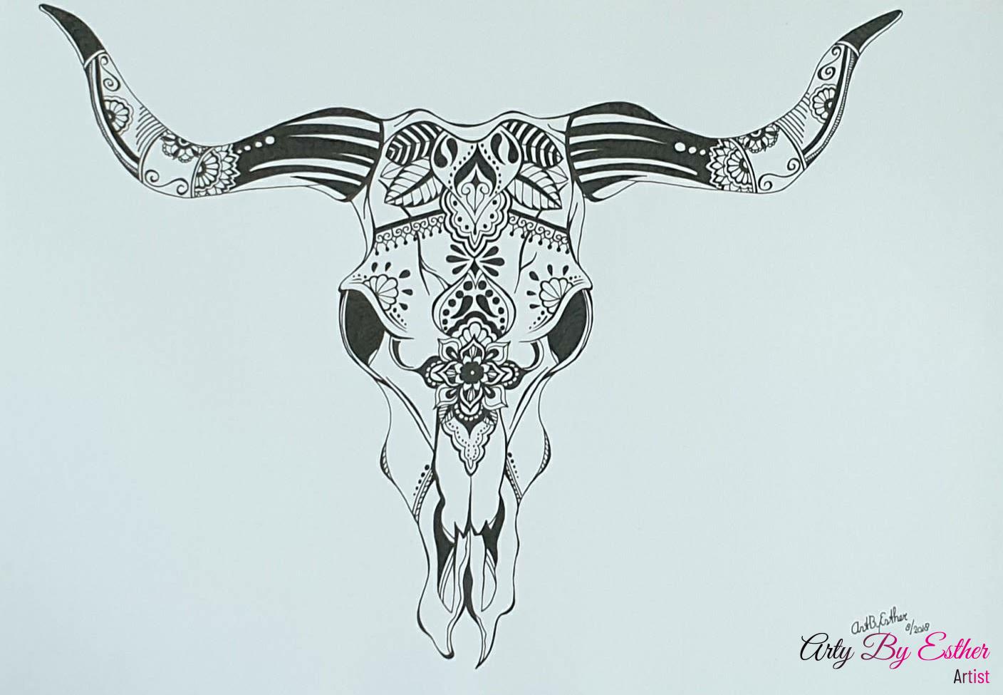 Angry Bull skull Zentangle drawing