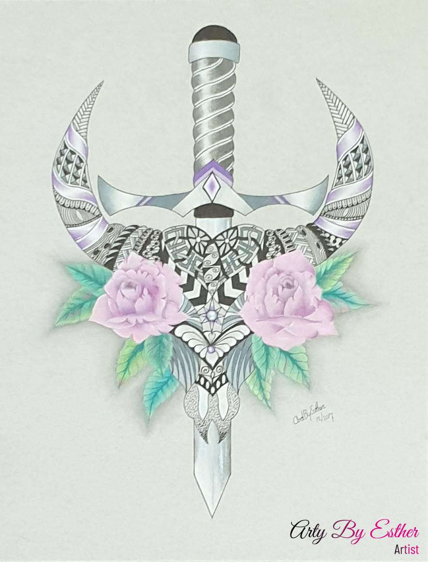 Skull with sword and rose colored pencil drawing